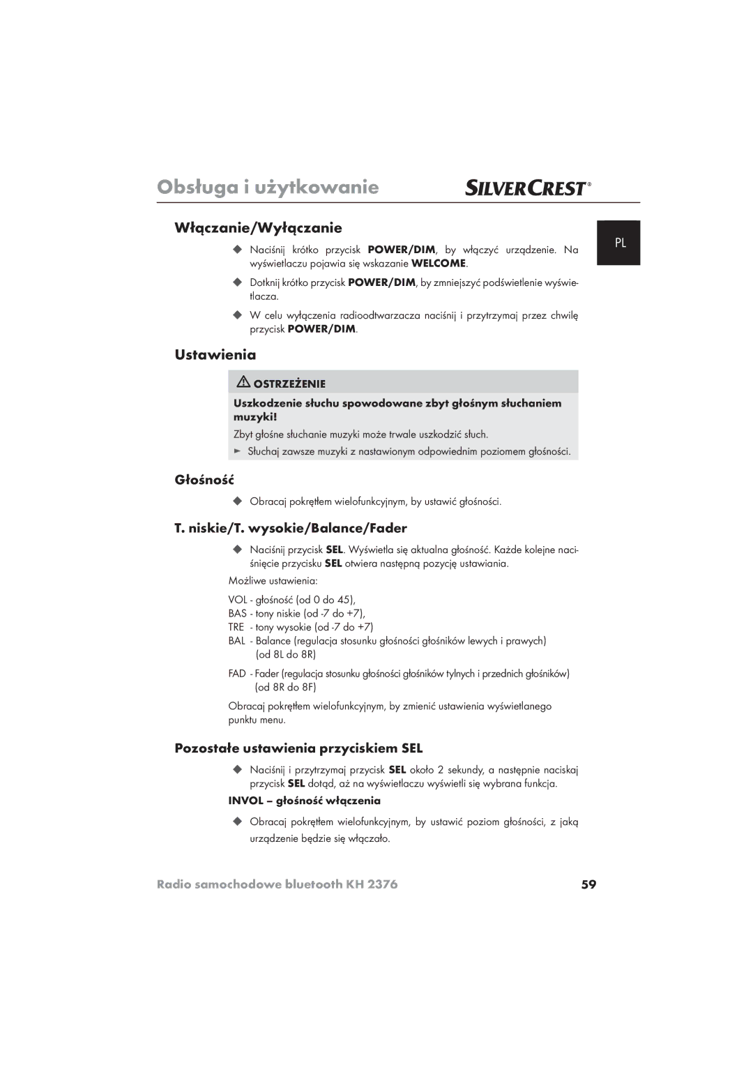 Silvercrest KH 2376 operating instructions Włączanie/Wyłączanie, Ustawienia, Głośność, Niskie/T. wysokie/Balance/Fader 