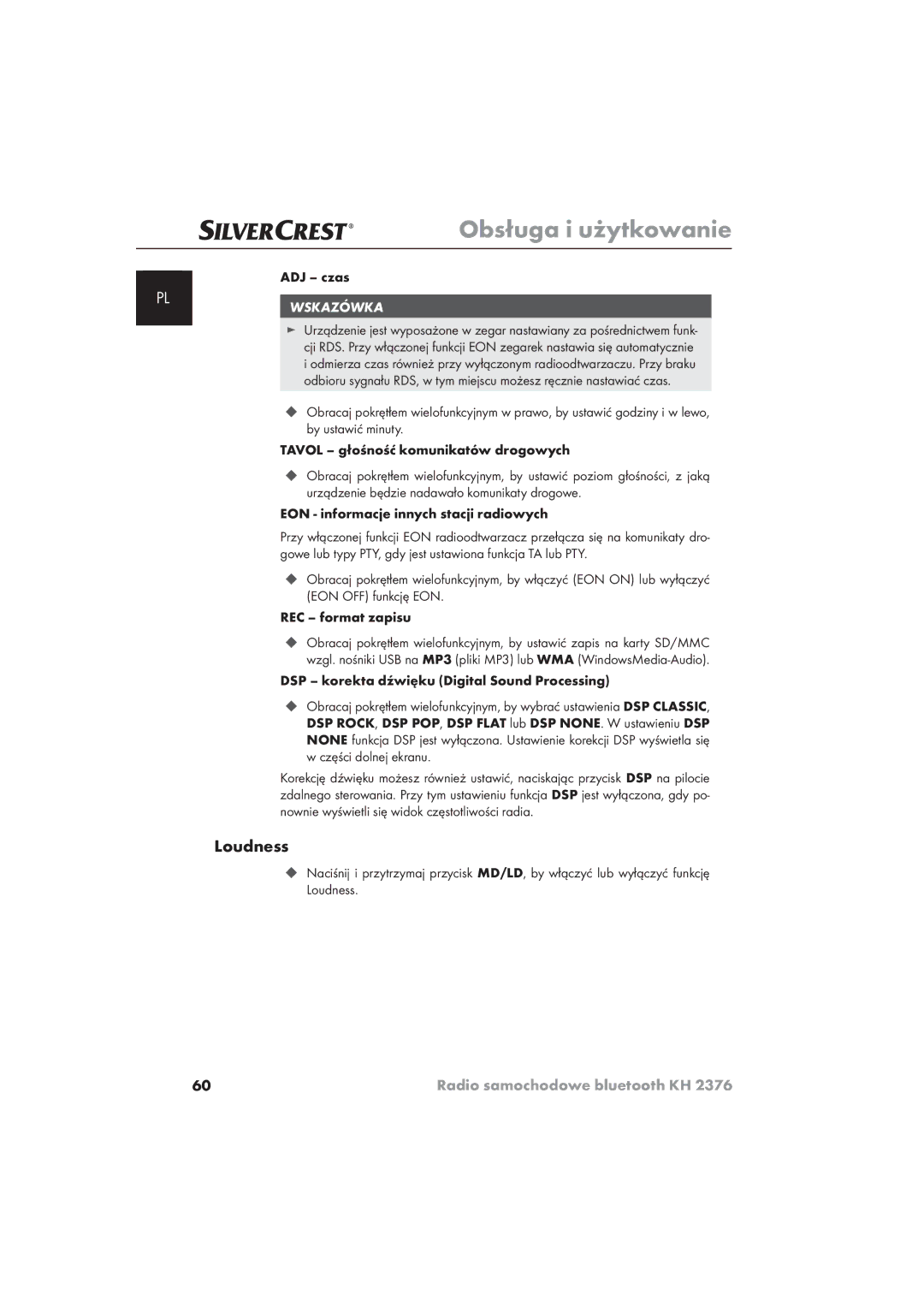 Silvercrest KH 2376 operating instructions ADJ czas, EON informacje innych stacji radiowych 