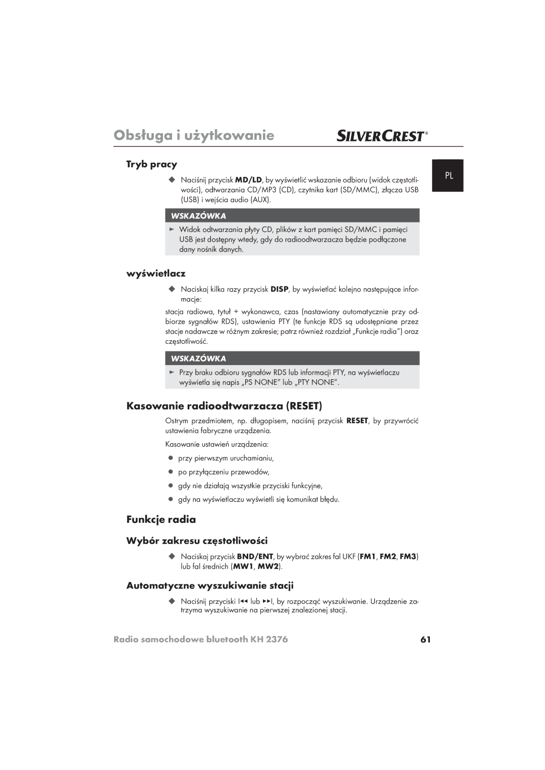 Silvercrest KH 2376 operating instructions Kasowanie radioodtwarzacza Reset, Funkcje radia 