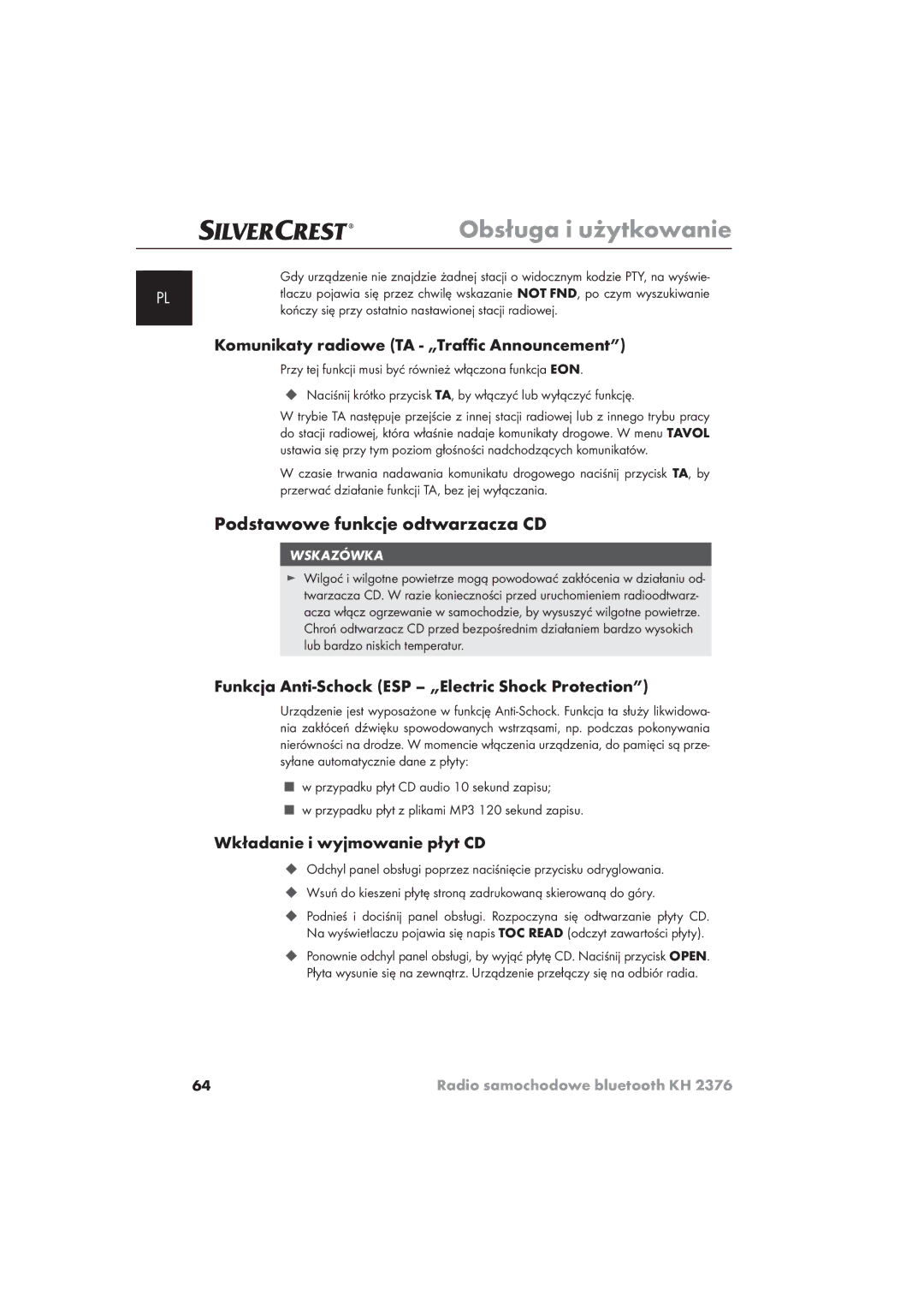 Silvercrest KH 2376 operating instructions Podstawowe funkcje odtwarzacza CD, Komunikaty radiowe TA „Traﬃc Announcement 