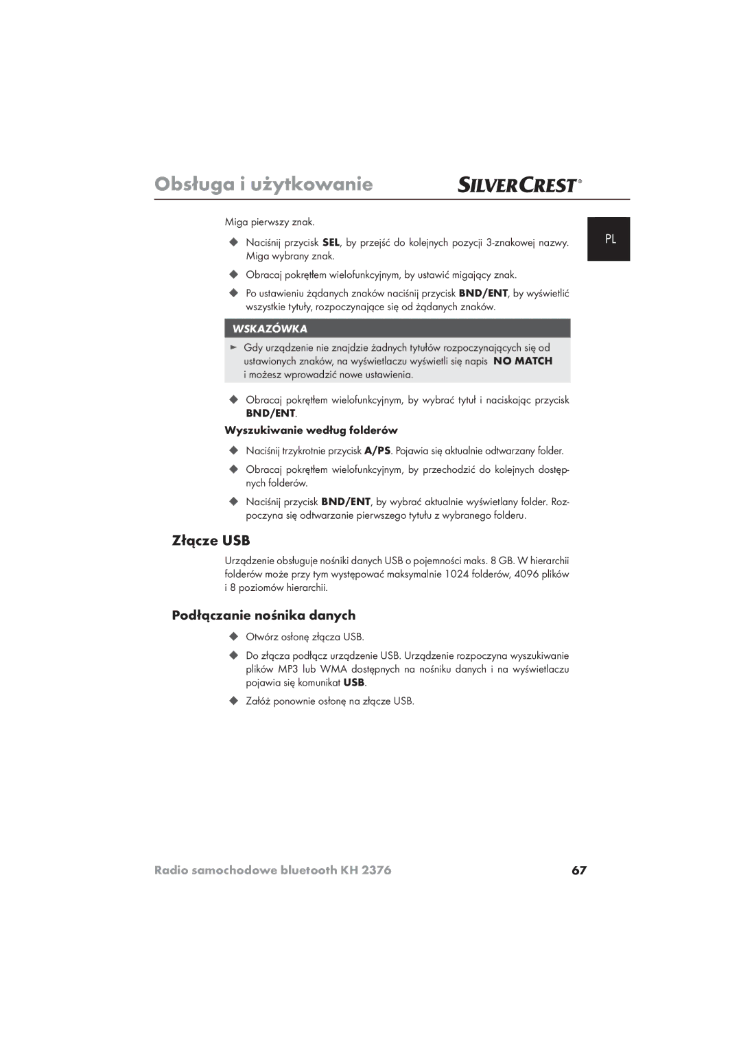 Silvercrest KH 2376 operating instructions Złącze USB, Podłączanie nośnika danych, Miga pierwszy znak 