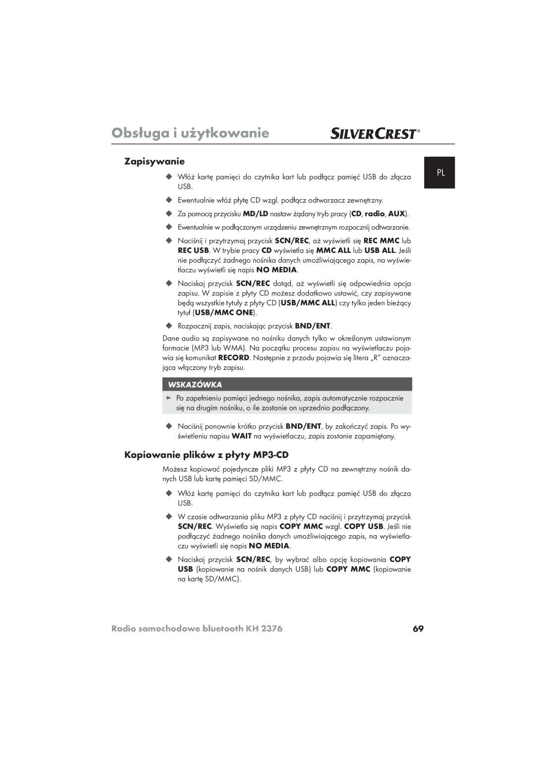 Silvercrest KH 2376 operating instructions Zapisywanie, Kopiowanie plików z płyty MP3-CD 