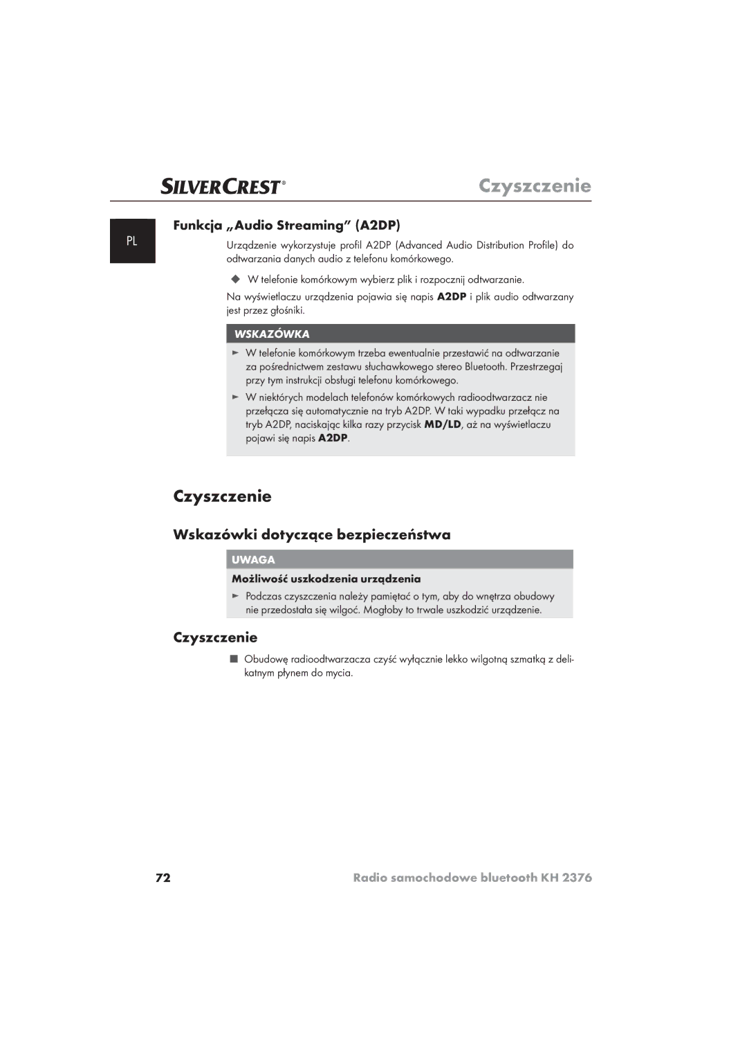 Silvercrest KH 2376 operating instructions Czyszczenie, Wskazówki dotyczące bezpieczeństwa, Funkcja „Audio Streaming A2DP 