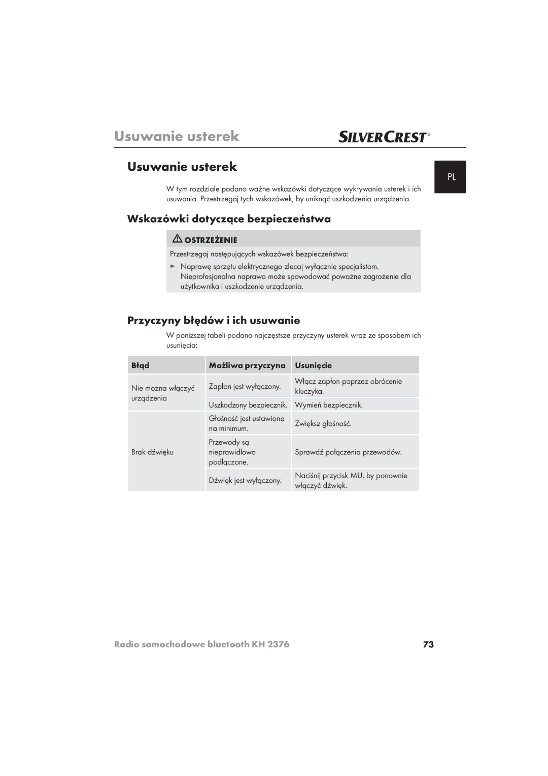 Silvercrest KH 2376 operating instructions Usuwanie usterek, Przyczyny błędów i ich usuwanie 