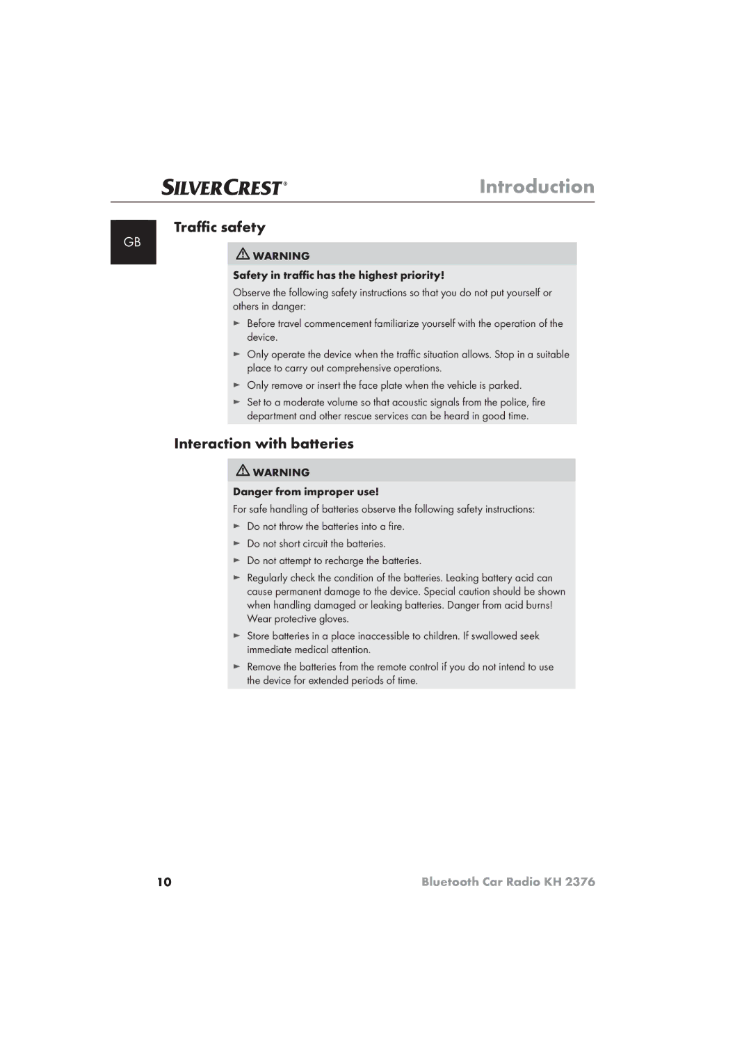 Silvercrest KH 2376 operating instructions Traﬃc safety, Interaction with batteries 