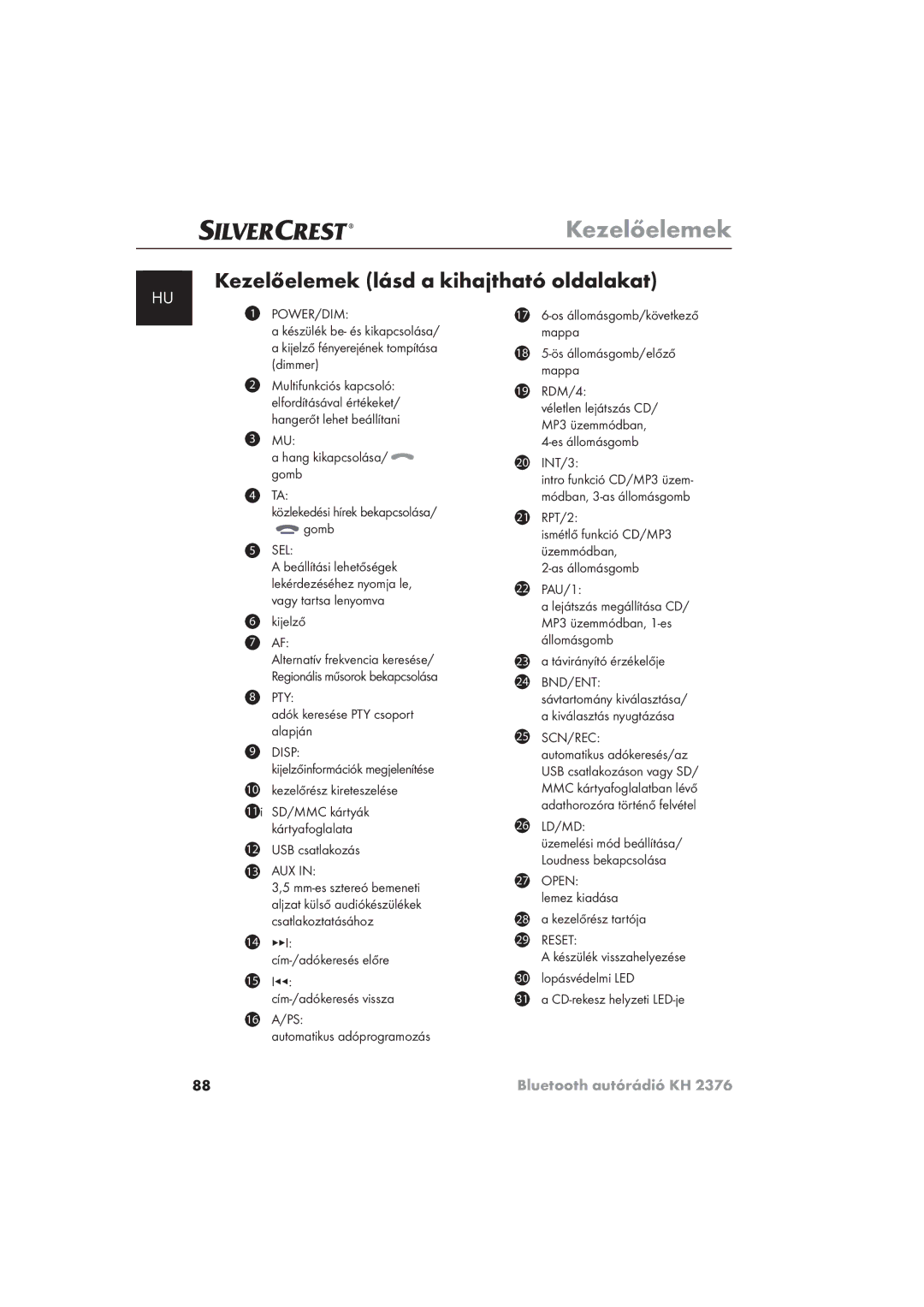 Silvercrest KH 2376 operating instructions Kezelőelemek lásd a kihajtható oldalakat 