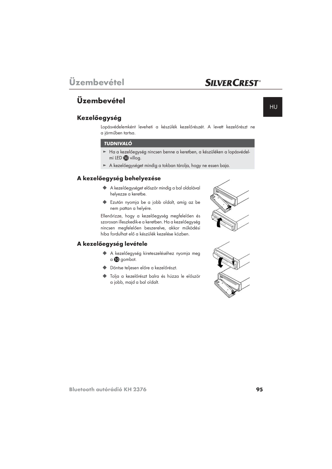 Silvercrest KH 2376 operating instructions Üzembevétel, Kezelőegység behelyezése, Kezelőegység levétele 