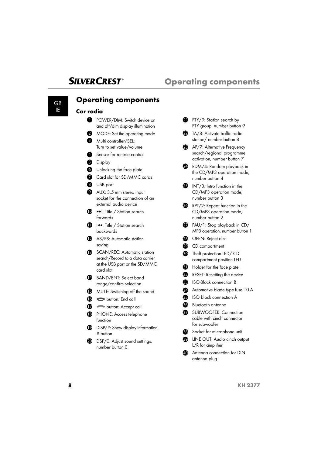 Silvercrest KH 2377 Operating components, Car radio, Mode Set the operating mode, Open Reject disc CD compartment 