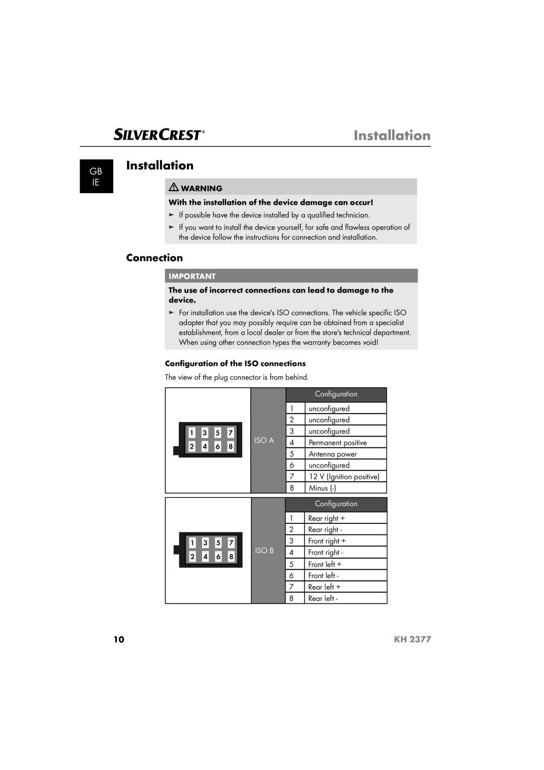 Silvercrest KH 2377 operating instructions Installation, Connection 