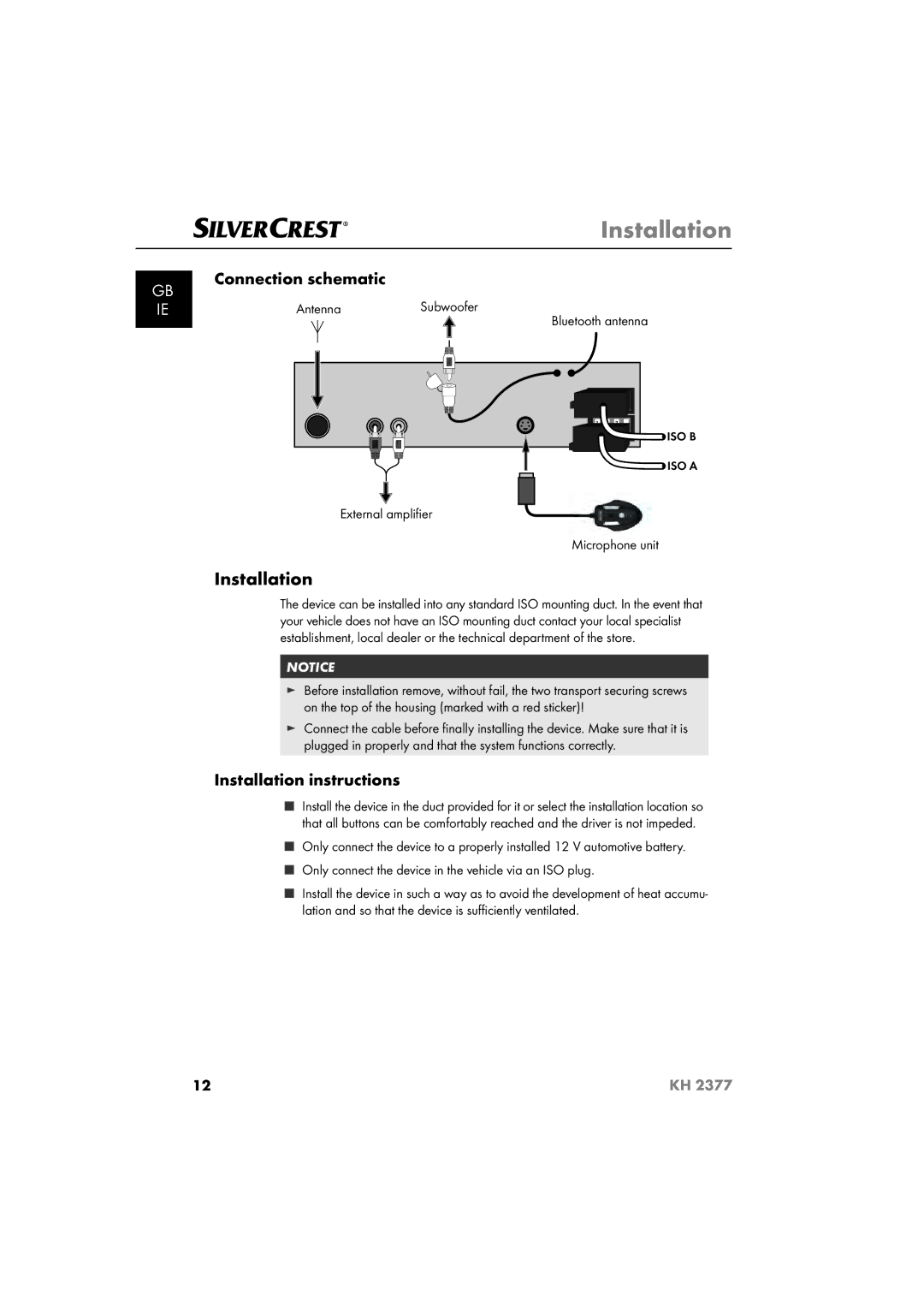 Silvercrest KH 2377 Connection schematic, Installation instructions, Antenna, External ampliﬁer Microphone unit 