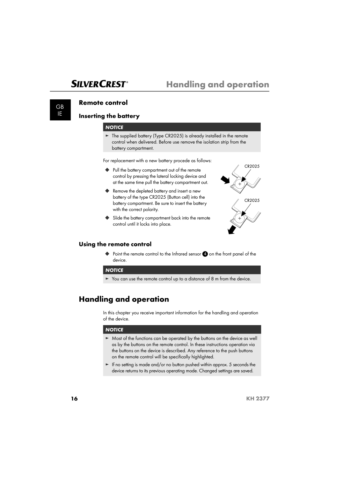 Silvercrest KH 2377 Handling and operation, Remote control, Inserting the battery, Using the remote control 