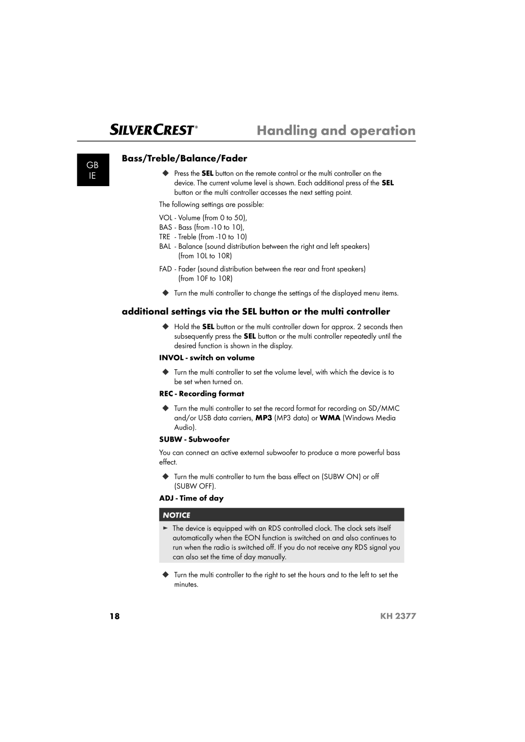 Silvercrest KH 2377 operating instructions Bass/Treble/Balance/Fader, Following settings are possible 