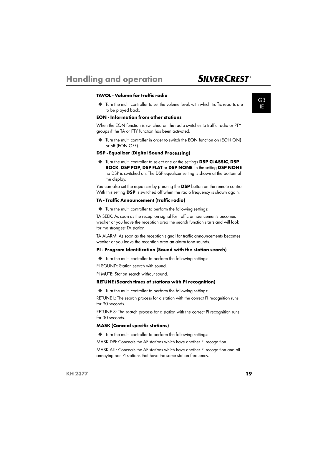Silvercrest KH 2377 operating instructions Handling and operation 