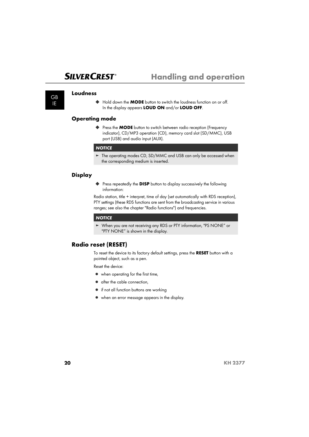 Silvercrest KH 2377 operating instructions Radio reset Reset, Loudness, Operating mode, Display 