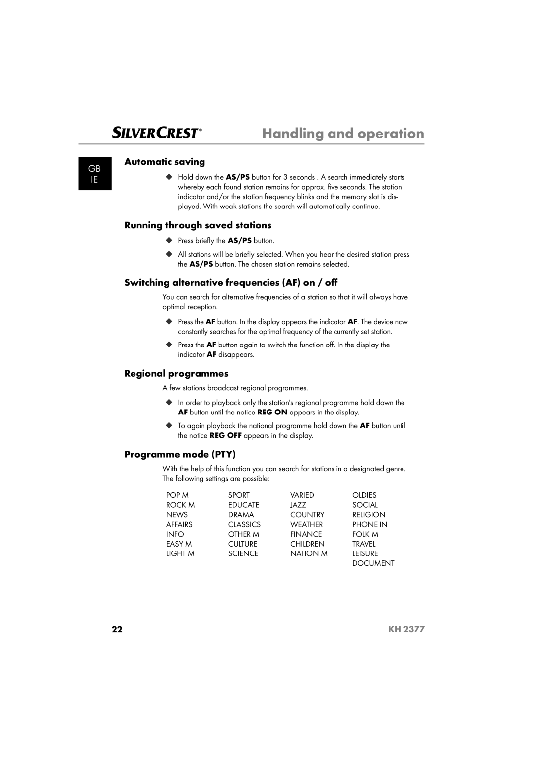 Silvercrest KH 2377 Automatic saving, Running through saved stations, Switching alternative frequencies AF on / oﬀ 