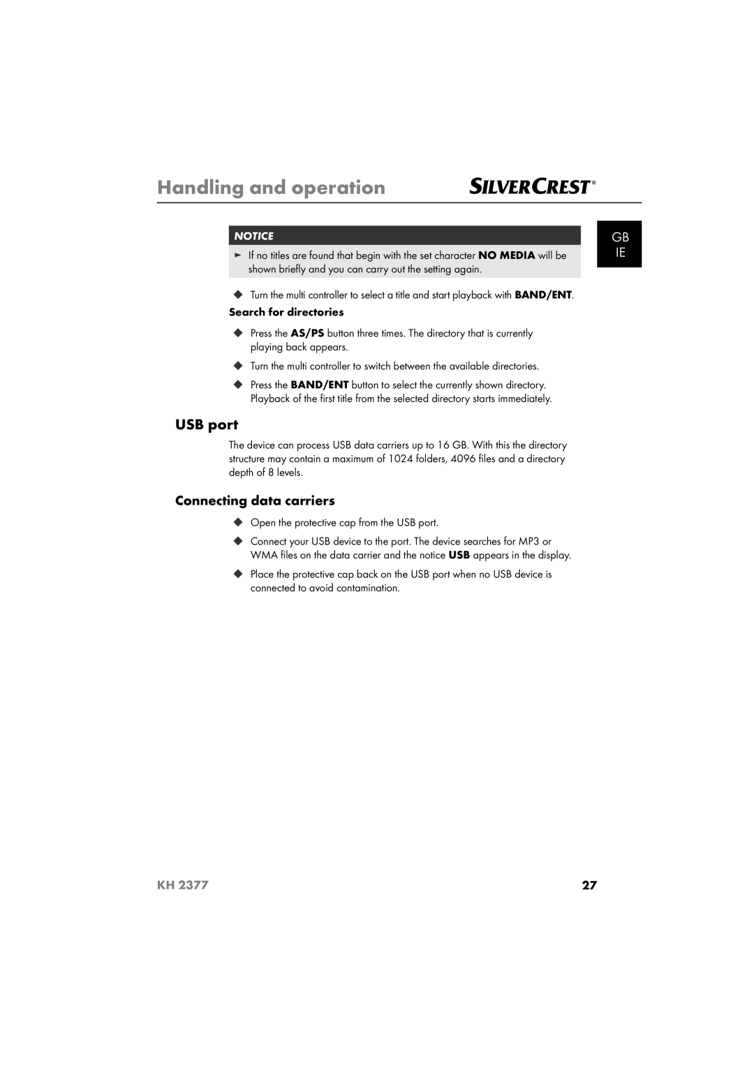 Silvercrest KH 2377 operating instructions Connecting data carriers, ‹ Open the protective cap from the USB port 