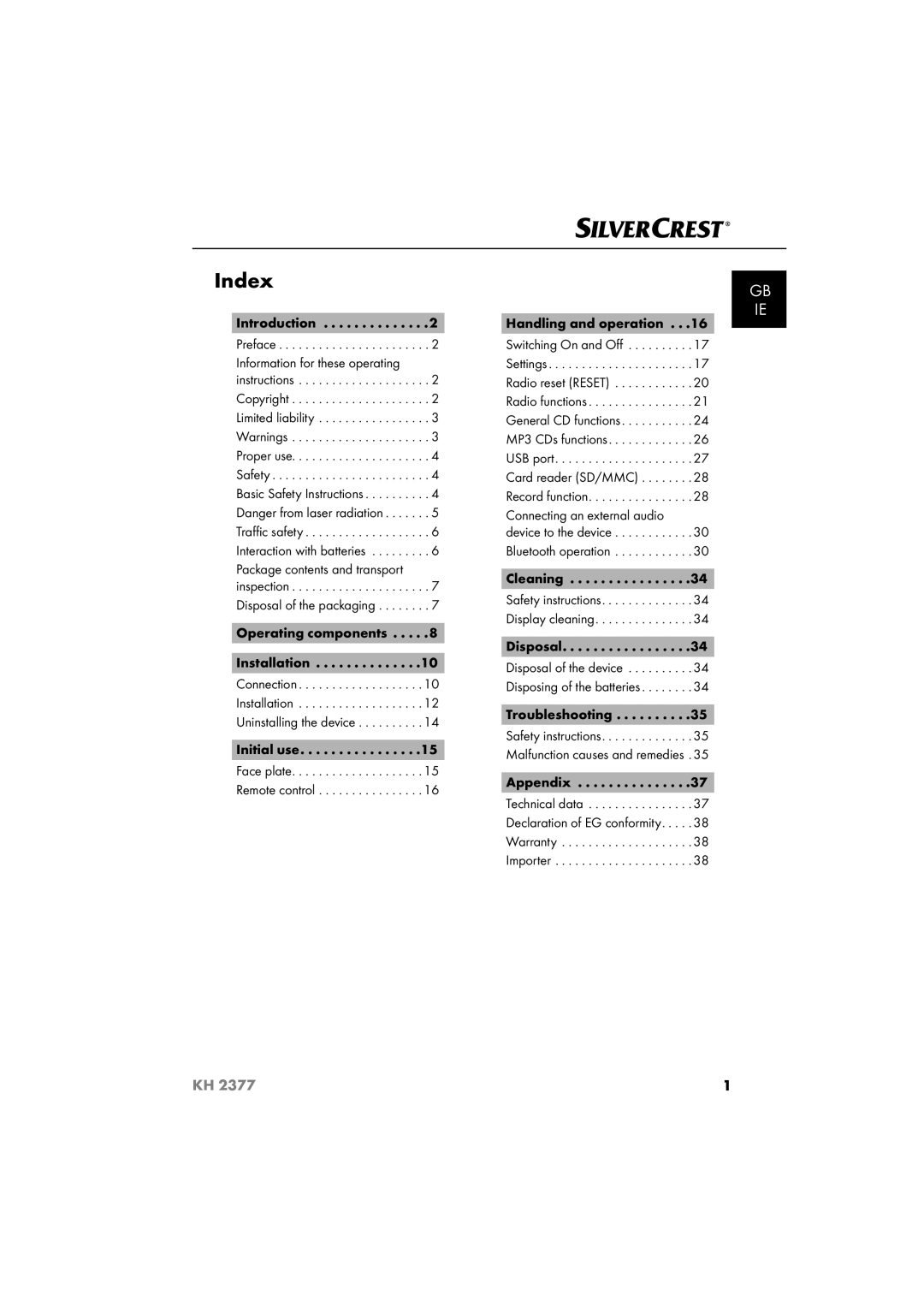 Silvercrest KH 2377 operating instructions Index, Operating components 