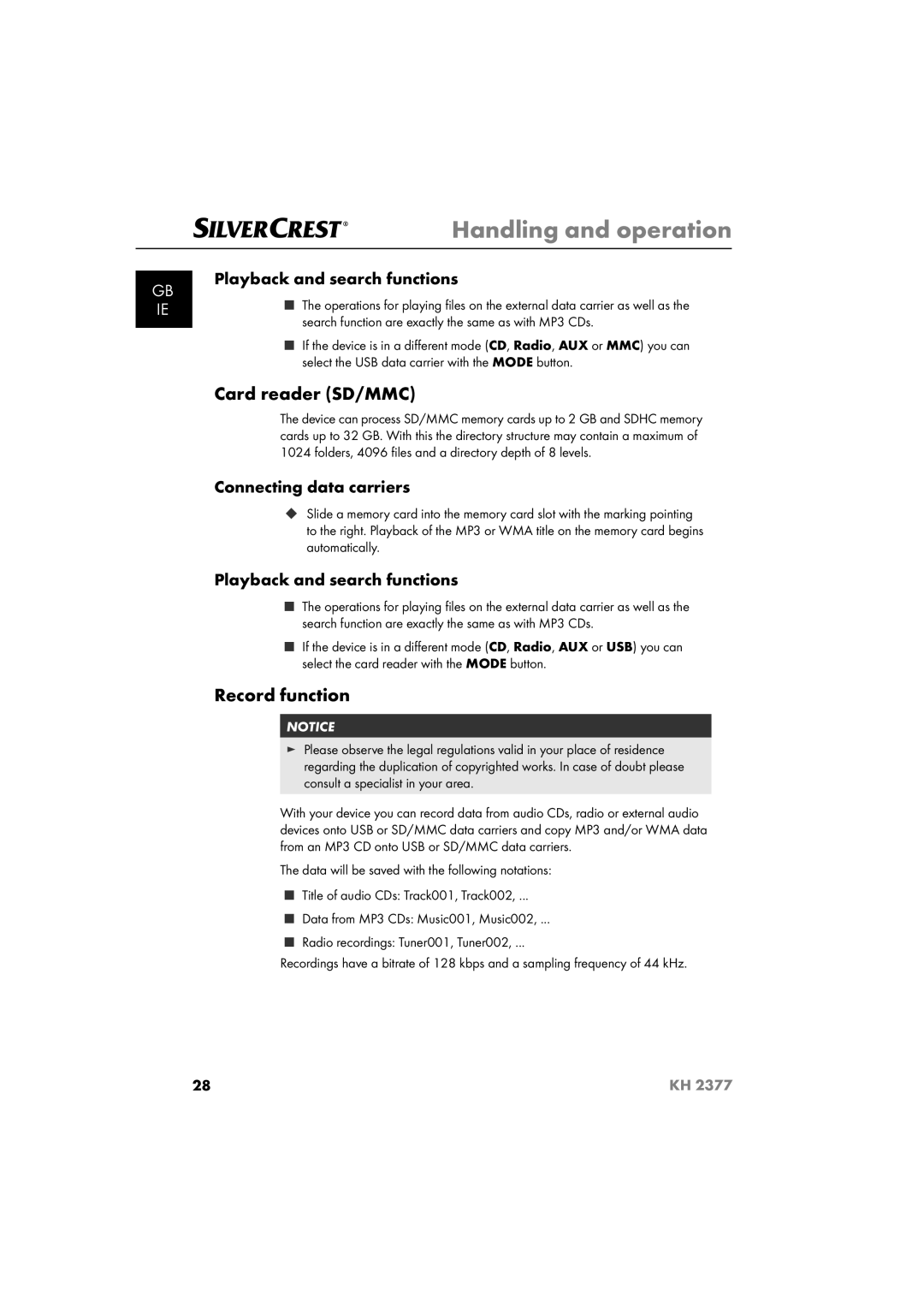 Silvercrest KH 2377 operating instructions Card reader SD/MMC, Record function, Playback and search functions 