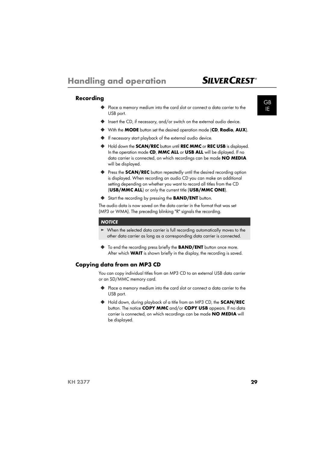 Silvercrest KH 2377 Recording, Copying data from an MP3 CD, ‹ Start the recording by pressing the BAND/ENT button 