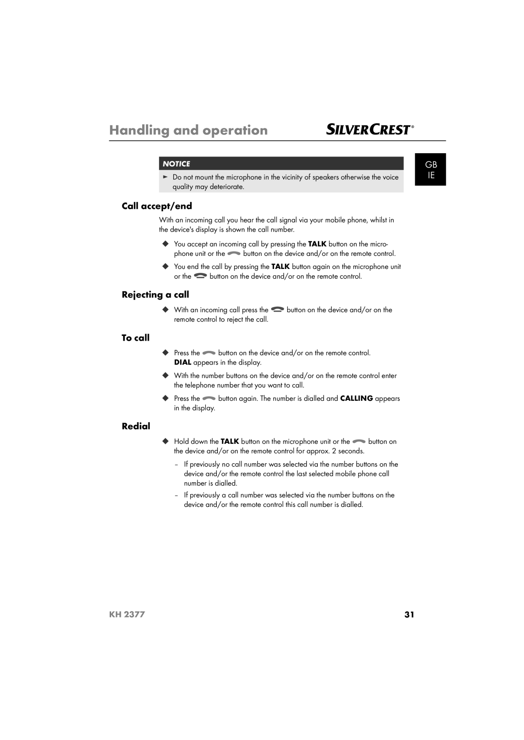 Silvercrest KH 2377 operating instructions Call accept/end, Rejecting a call, To call, Redial 