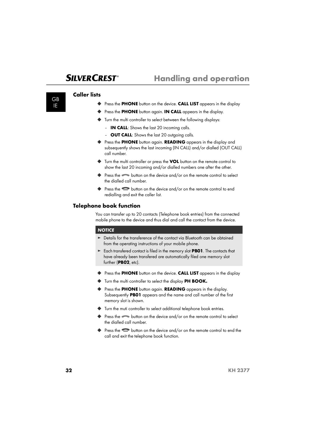 Silvercrest KH 2377 operating instructions Caller lists, Telephone book function 