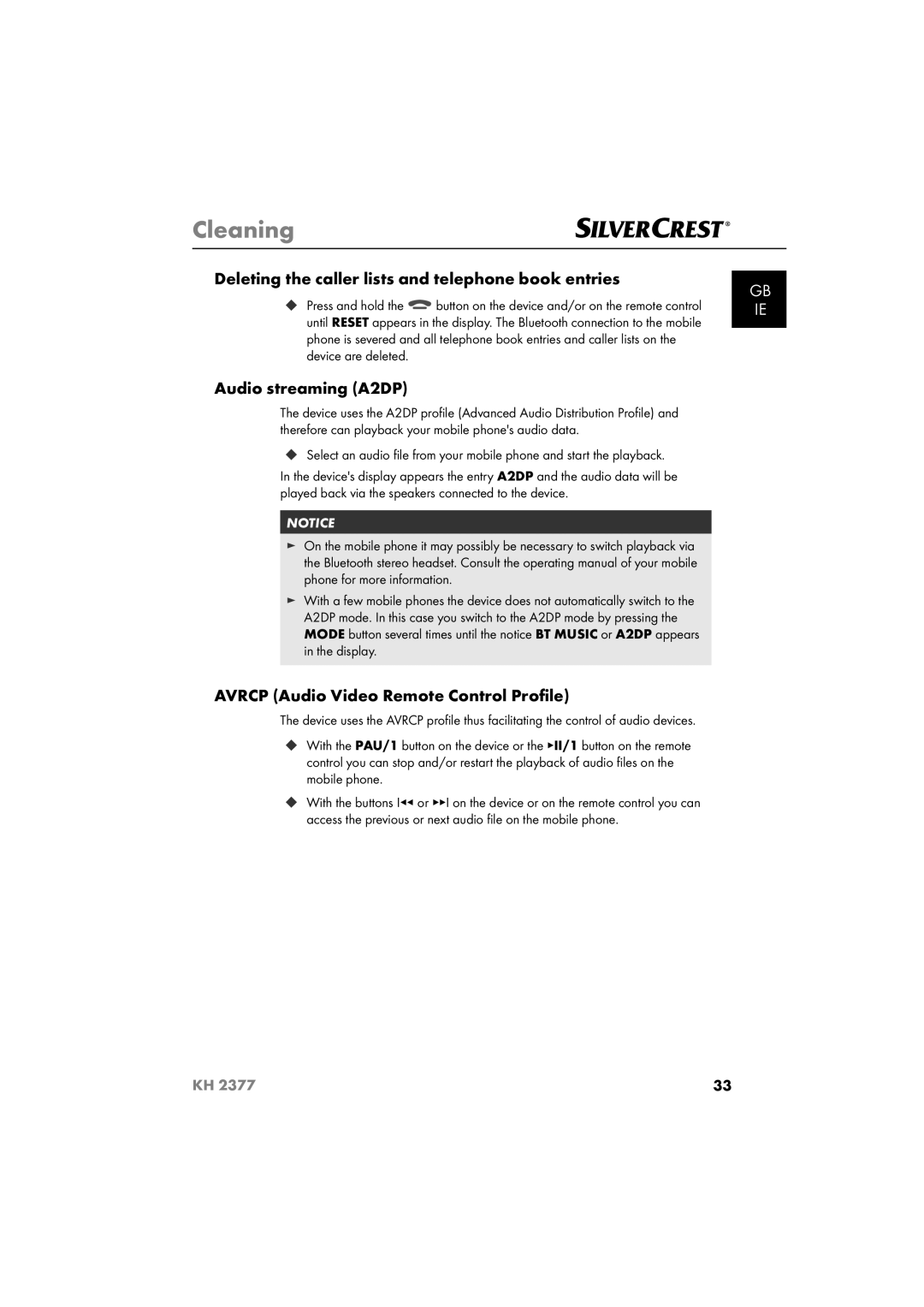 Silvercrest KH 2377 Cleaning, Deleting the caller lists and telephone book entries, Audio streaming A2DP 