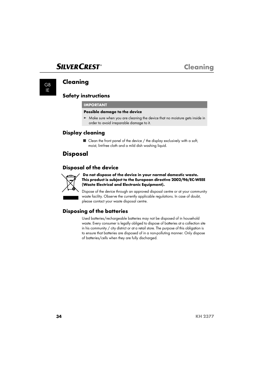 Silvercrest KH 2377 operating instructions Cleaning, Disposal 