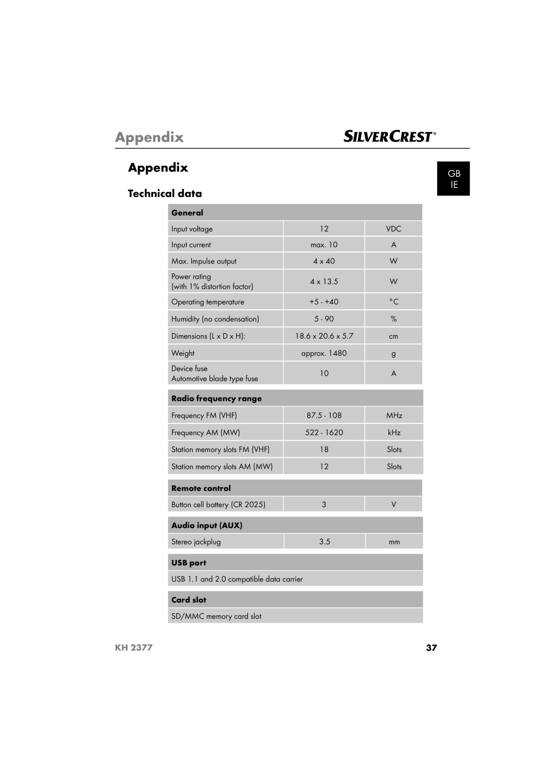 Silvercrest KH 2377 operating instructions Appendix, Technical data 