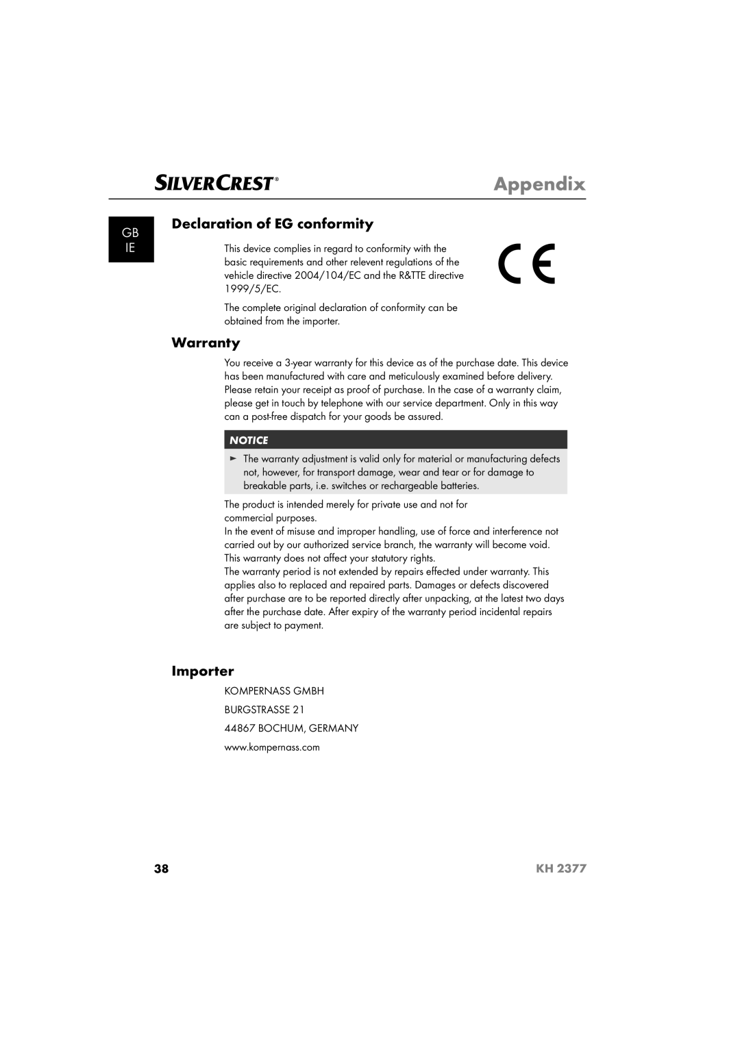 Silvercrest KH 2377 operating instructions Declaration of EG conformity, Warranty, Importer 