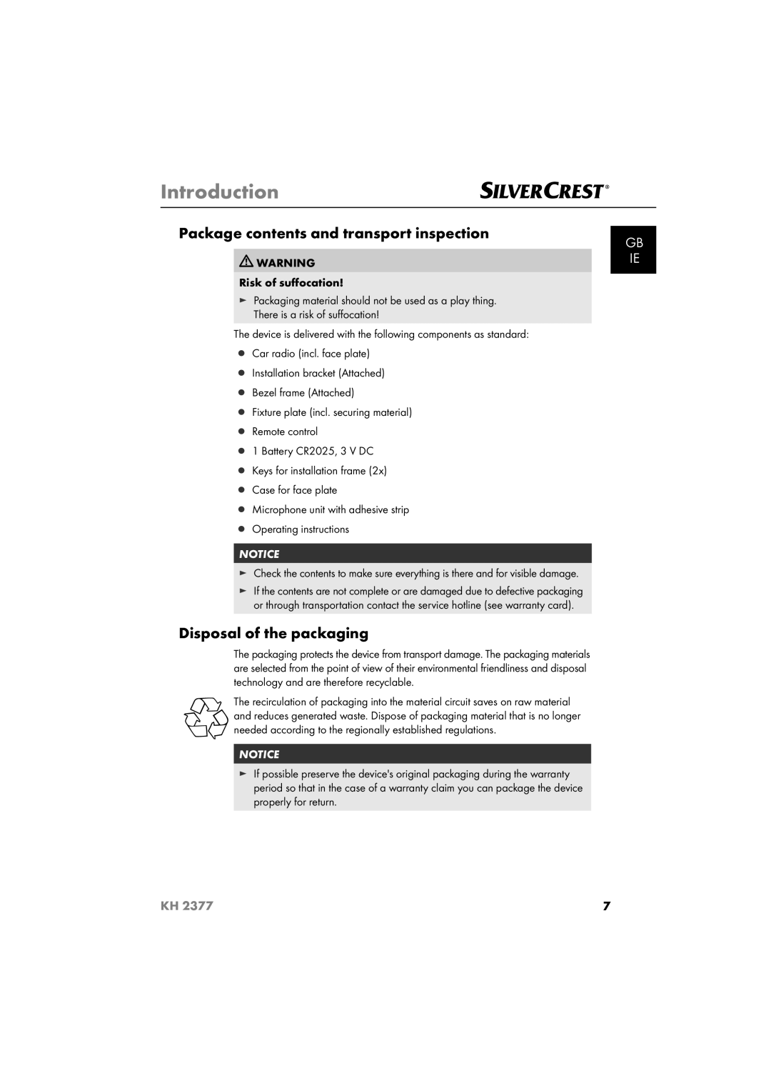 Silvercrest KH 2377 operating instructions Package contents and transport inspection, Disposal of the packaging 