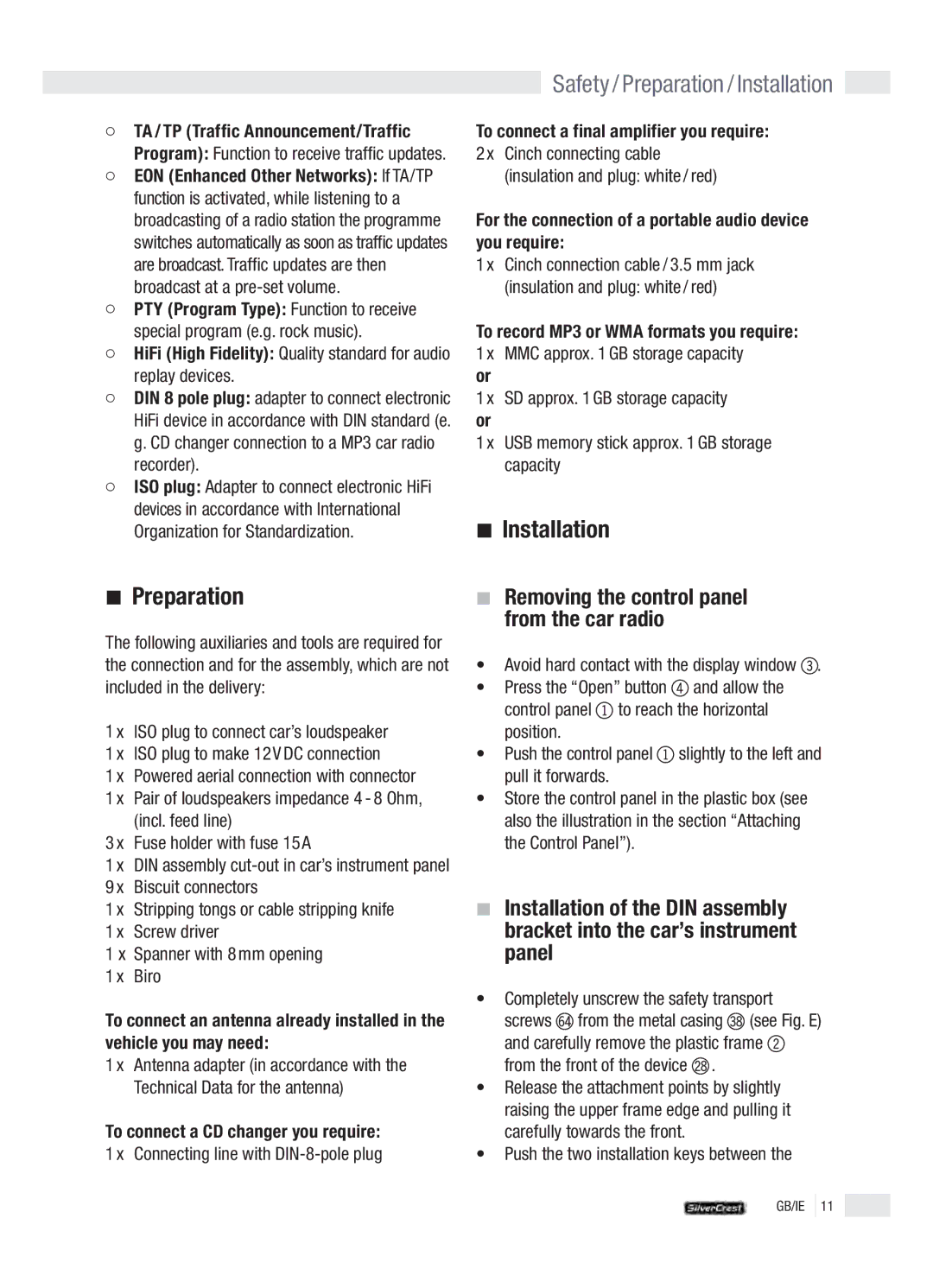 Silvercrest KH 2380 operation manual Safety / Preparation / Installation, To connect a CD changer you require 