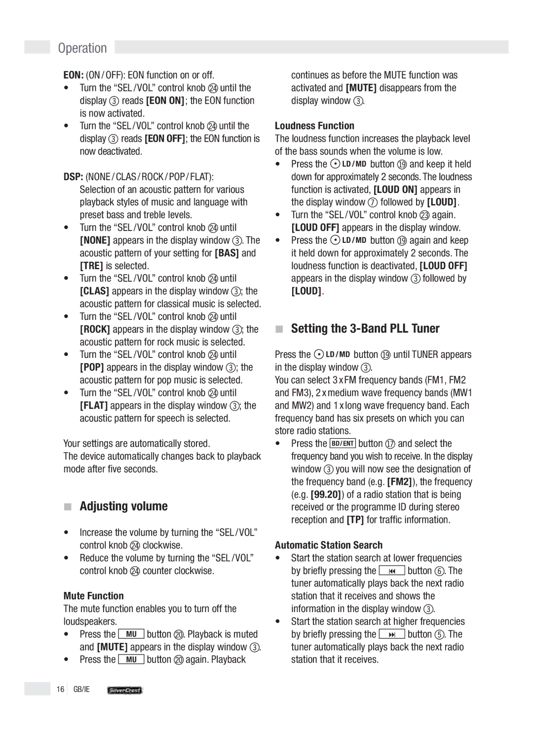 Silvercrest KH 2380 operation manual Adjusting volume, Setting the 3-Band PLL Tuner, Mute Function, Loudness Function 