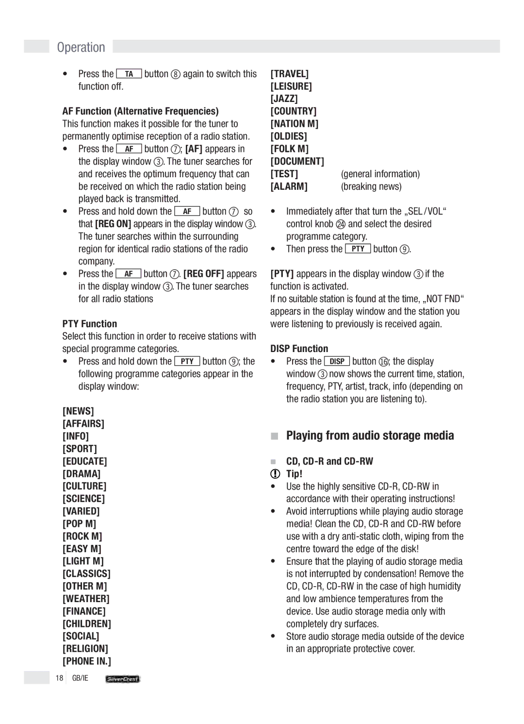 Silvercrest KH 2380 Playing from audio storage media, PTY Function, Breaking news, Disp Function, CD, CD-R and CD-RW Tip 