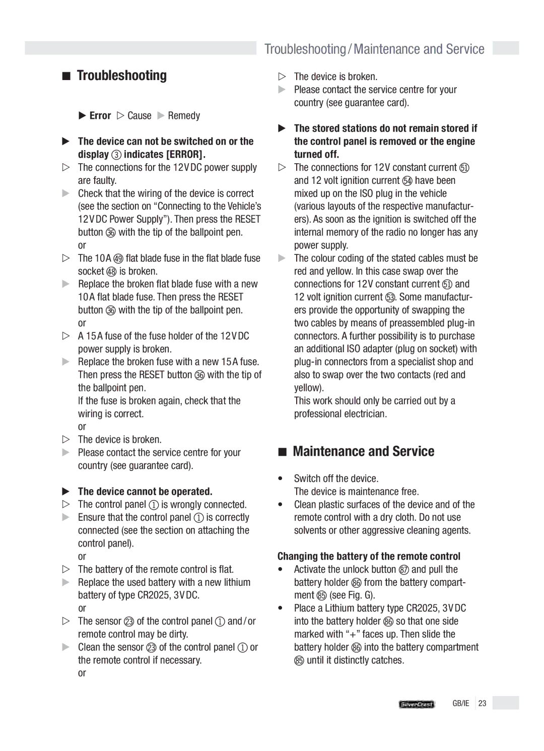 Silvercrest KH 2380 operation manual Troubleshooting, Maintenance and Service 