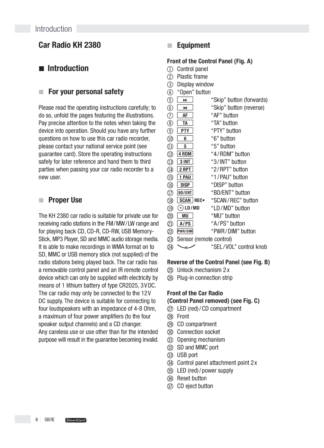 Silvercrest KH 2380 operation manual Car Radio KH, For your personal safety, Proper Use 