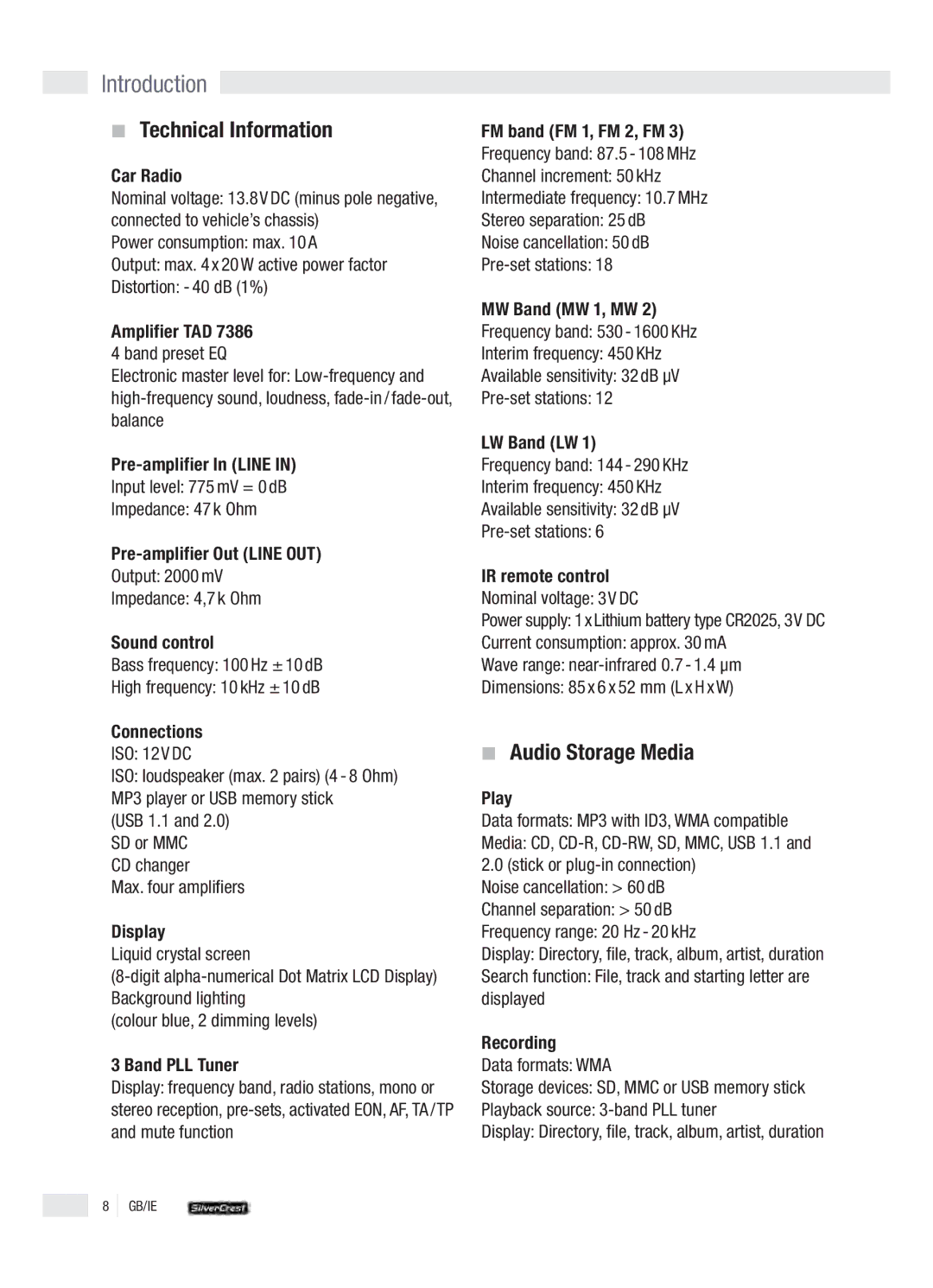 Silvercrest KH 2380 operation manual Introduction, Technical Information, Audio Storage Media 