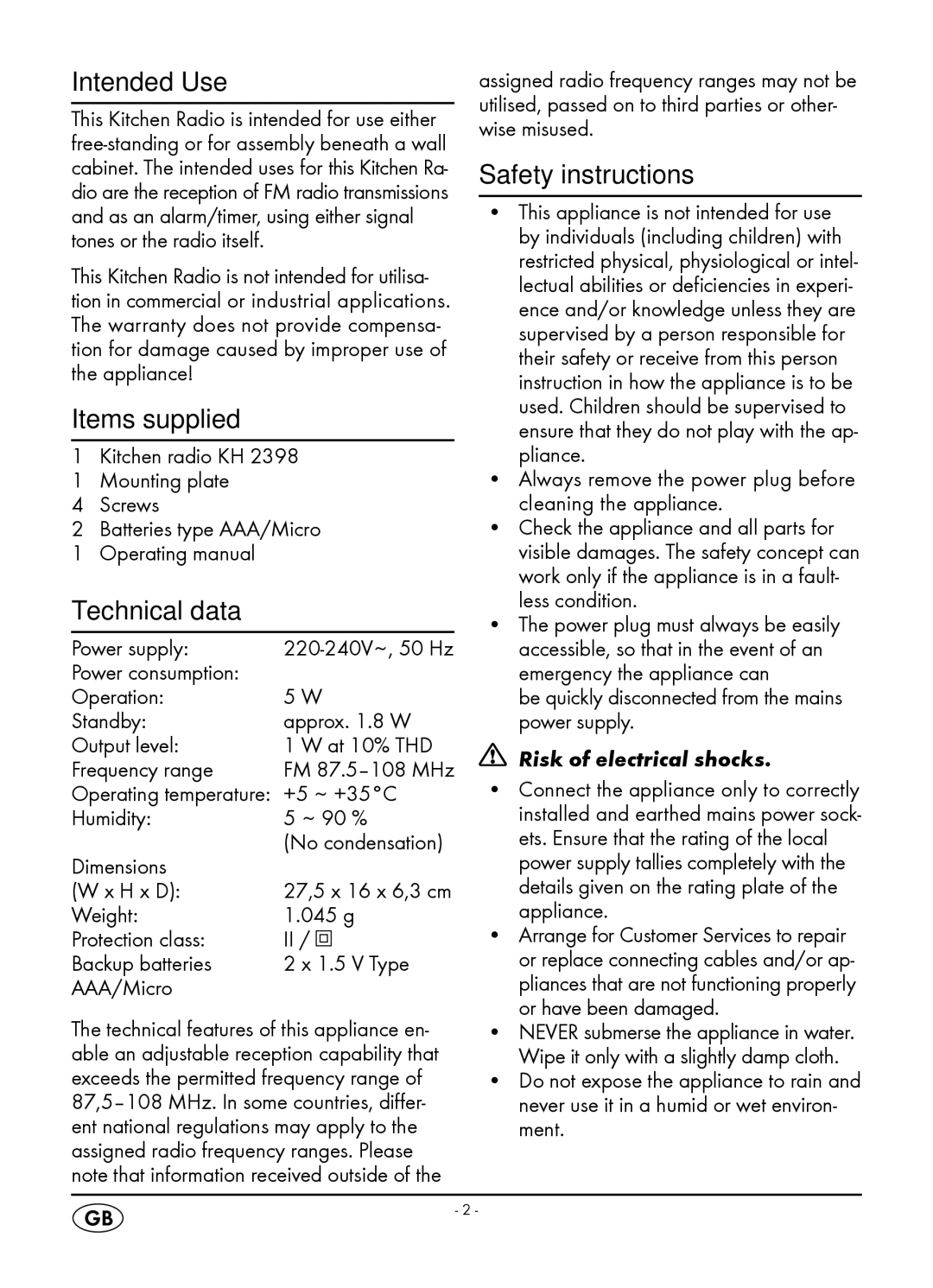 Silvercrest KH 2398 manual Intended Use, Items supplied, Technical data, Safety instructions, Risk of electrical shocks 