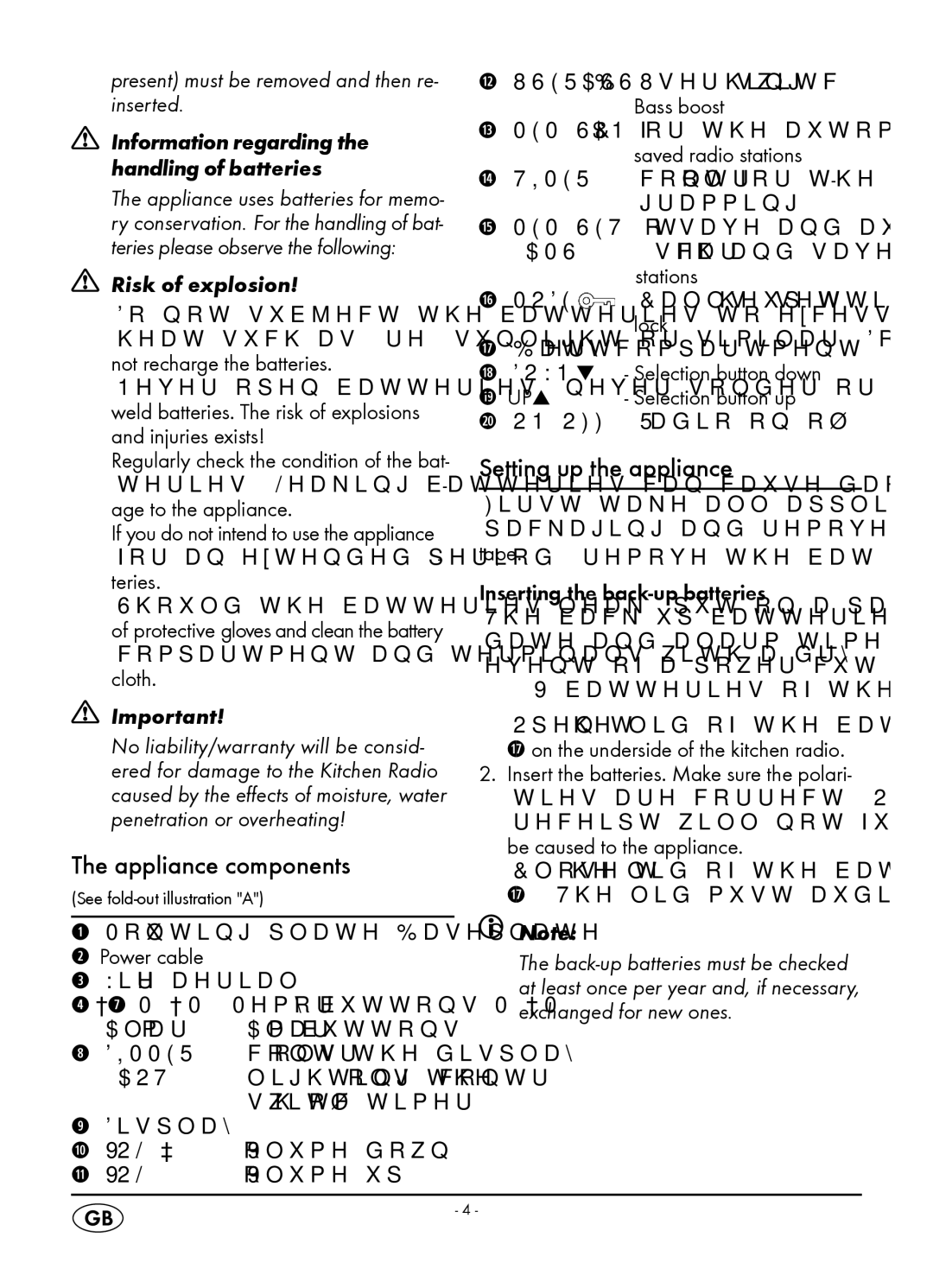 Silvercrest KH 2398 manual Appliance components, Setting up the appliance, Information regarding the handling of batteries 