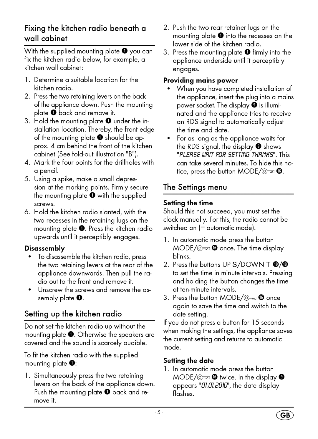 Silvercrest KH 2398 manual Fixing the kitchen radio beneath a wall cabinet, Setting up the kitchen radio, Settings menu 