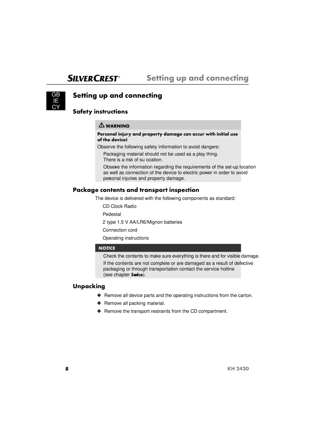 Silvercrest KH 2420 Setting up and connecting, Safety instructions, Package contents and transport inspection, Unpacking 