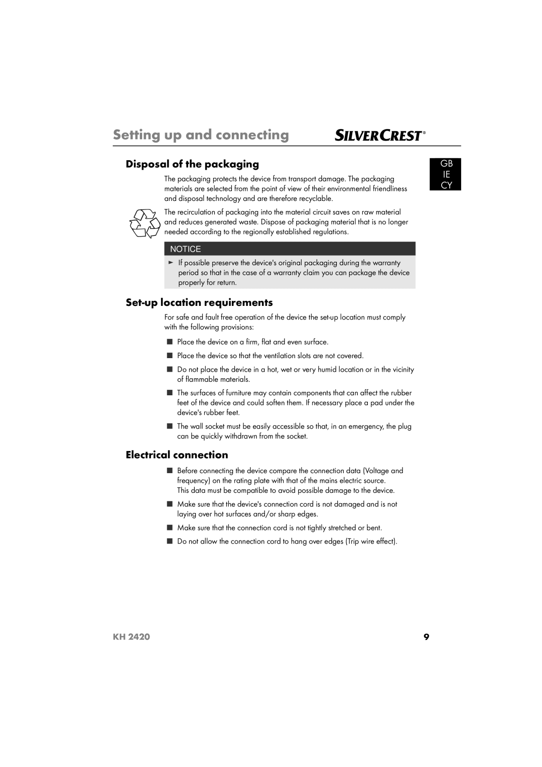 Silvercrest KH 2420 operating instructions Disposal of the packaging, Set-up location requirements, Electrical connection 