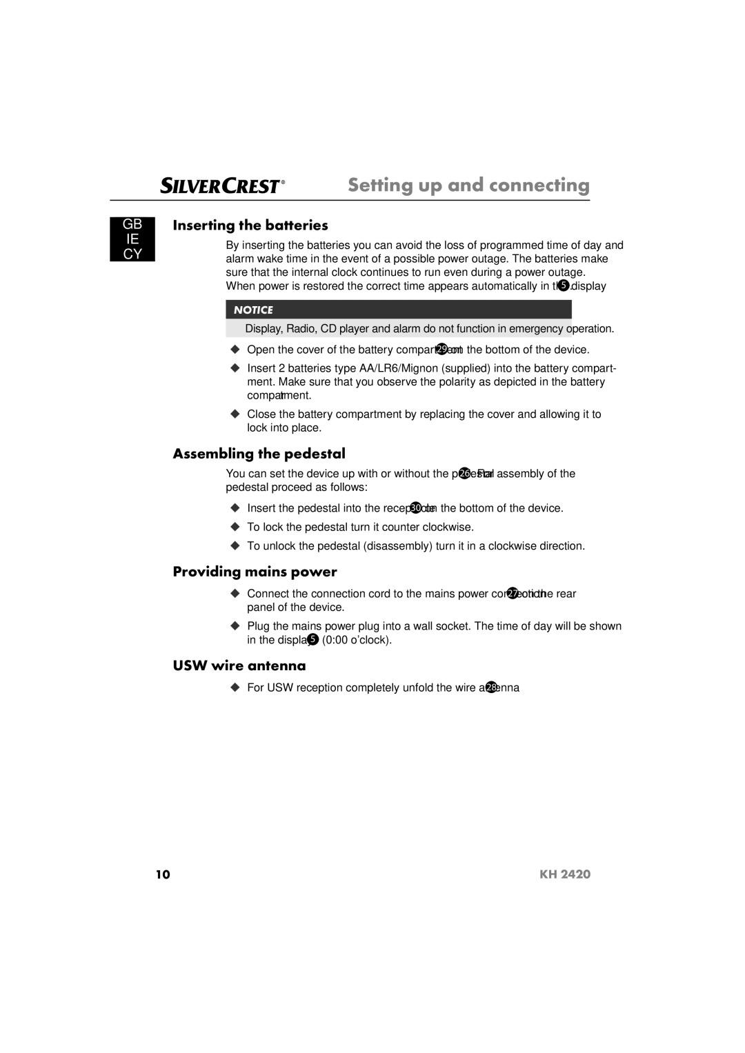 Silvercrest KH 2420 Inserting the batteries, Assembling the pedestal, Providing mains power, USW wire antenna 