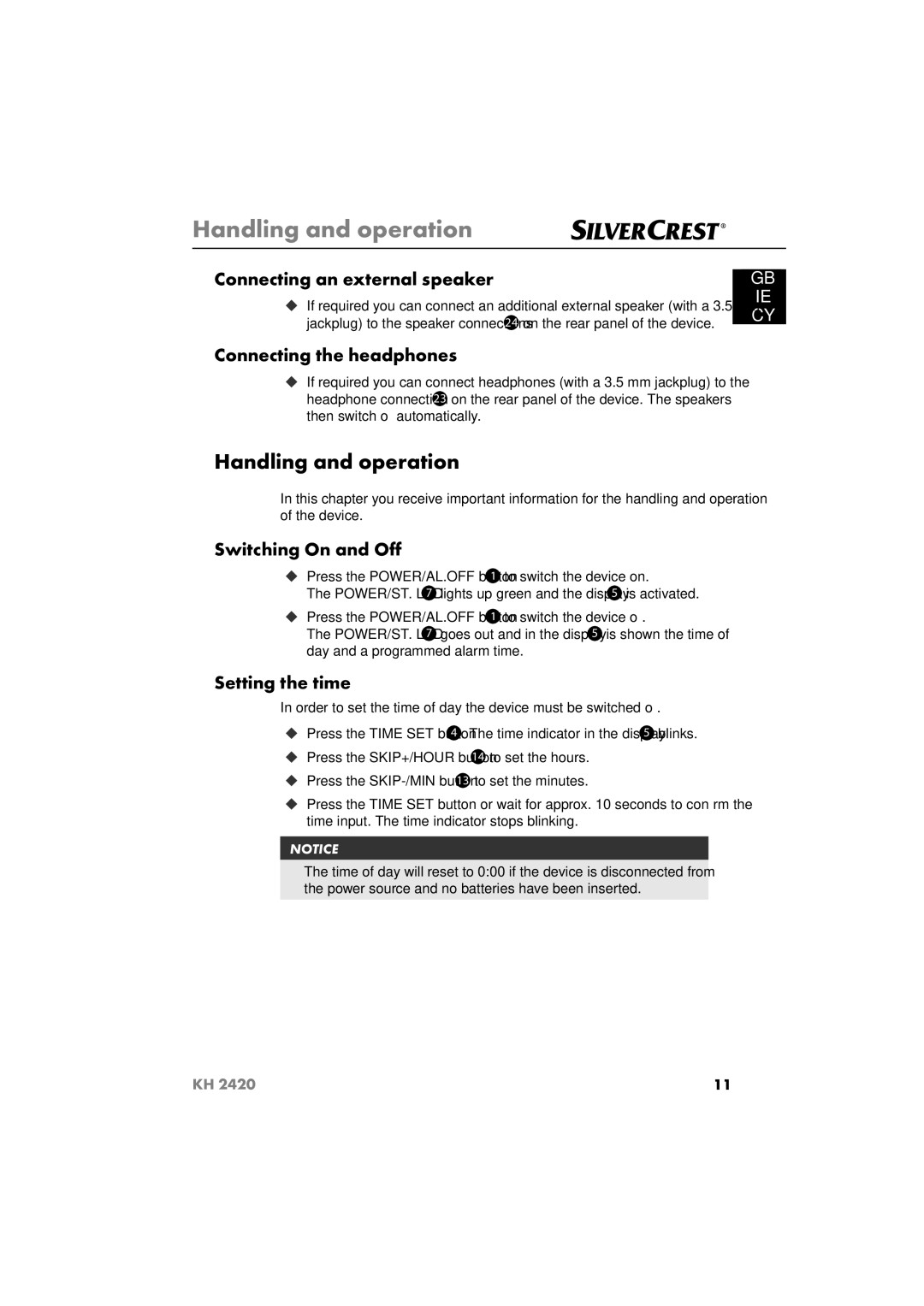 Silvercrest KH 2420 operating instructions Handling and operation 