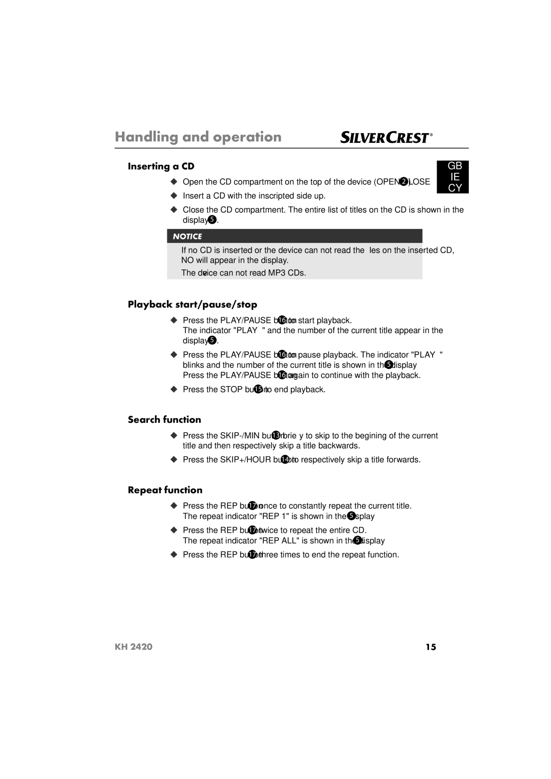 Silvercrest KH 2420 operating instructions Inserting a CD, Playback start/pause/stop, Search function, Repeat function 