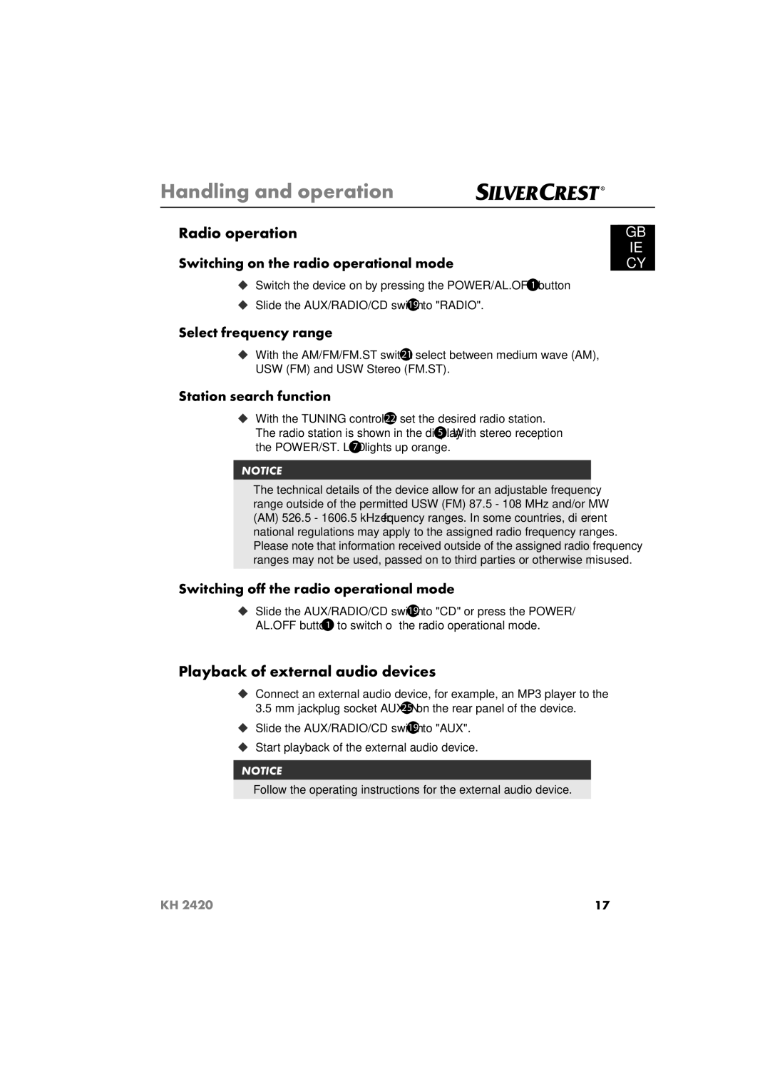 Silvercrest KH 2420 Playback of external audio devices, Select frequency range, Station search function 