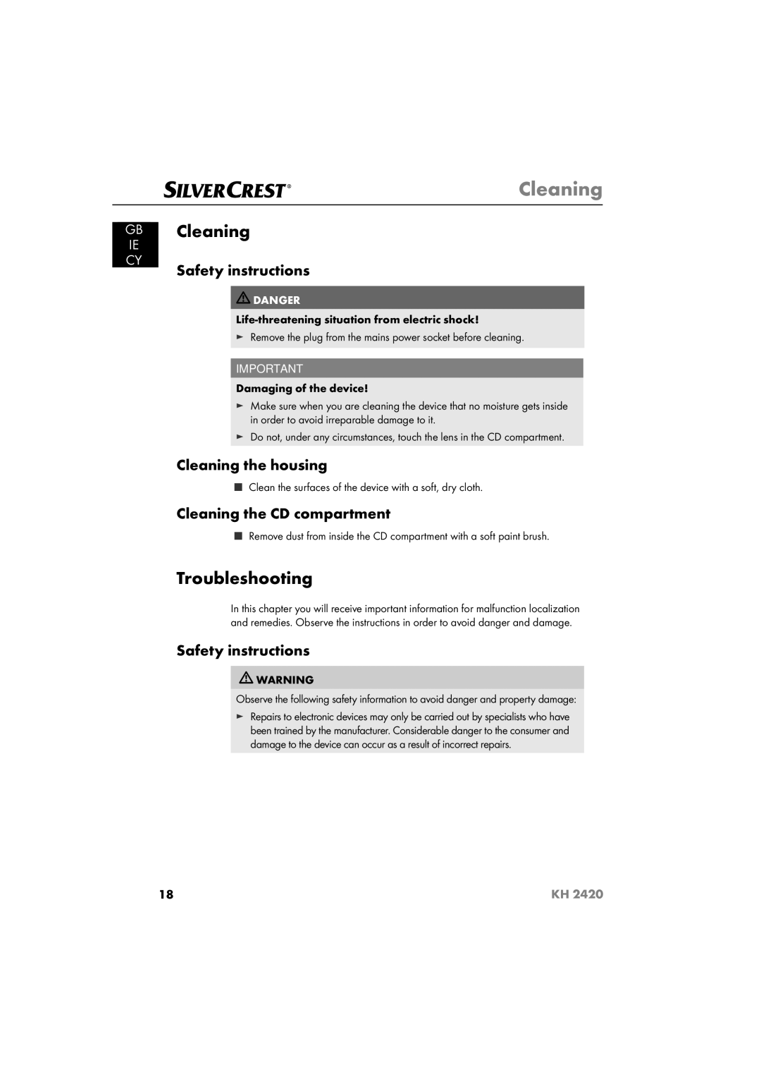 Silvercrest KH 2420 operating instructions Troubleshooting, Cleaning the housing, Cleaning the CD compartment 