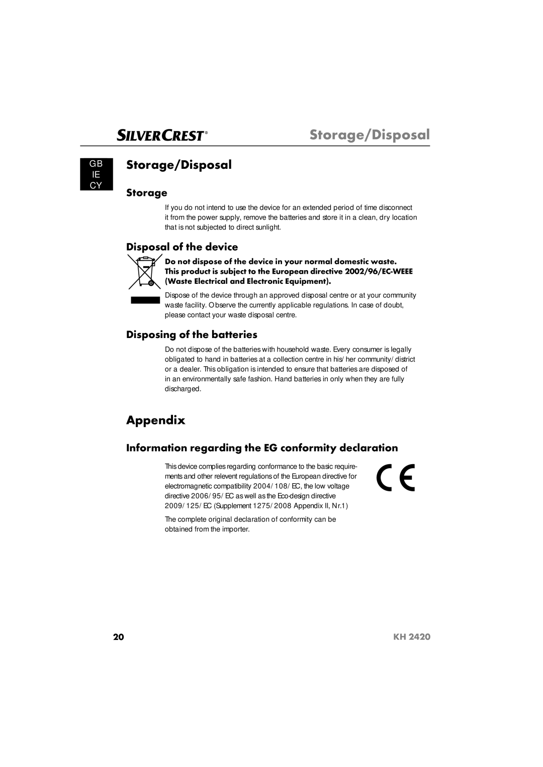 Silvercrest KH 2420 operating instructions Storage/Disposal, Appendix 