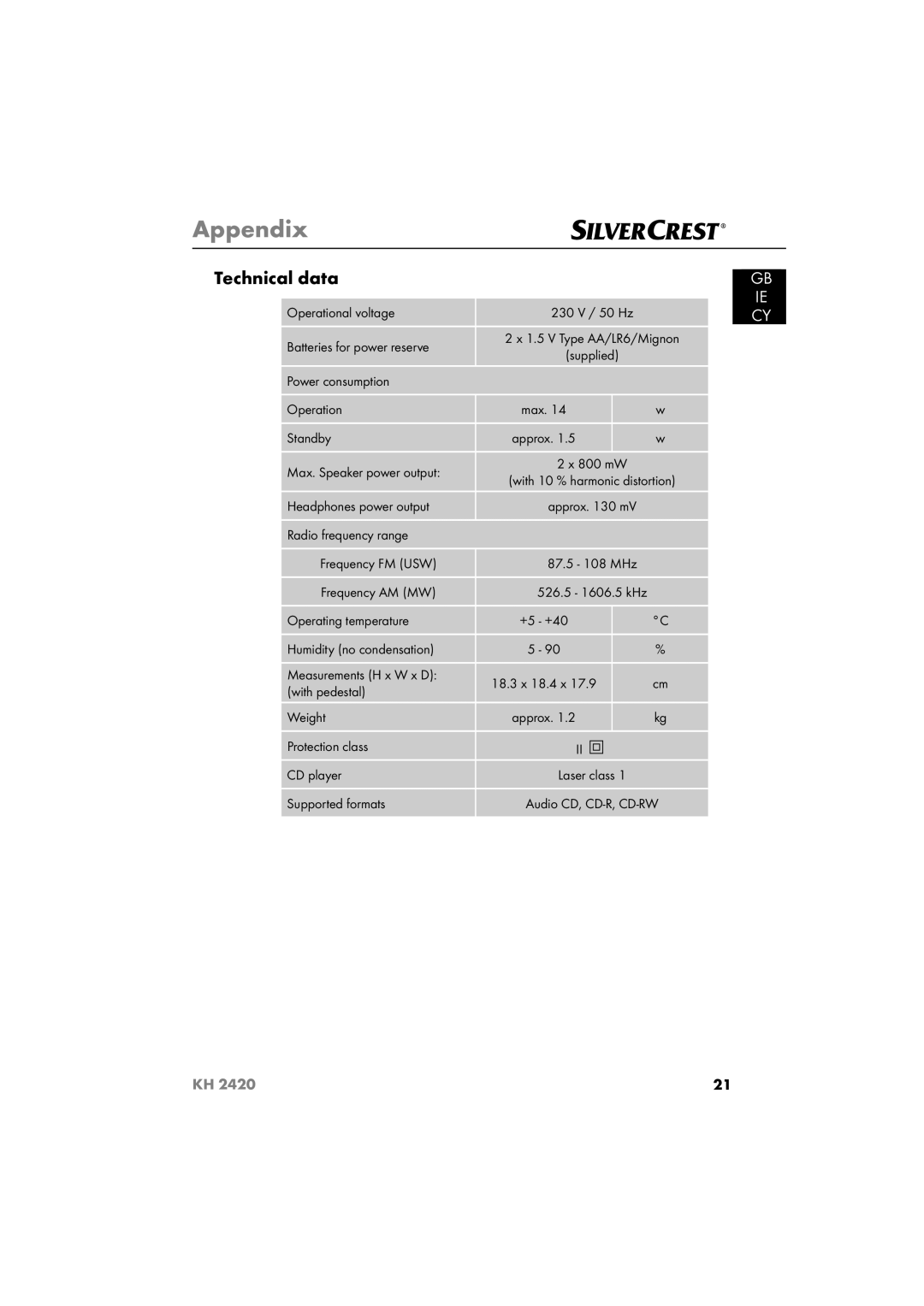 Silvercrest KH 2420 operating instructions Appendix, Technical data 