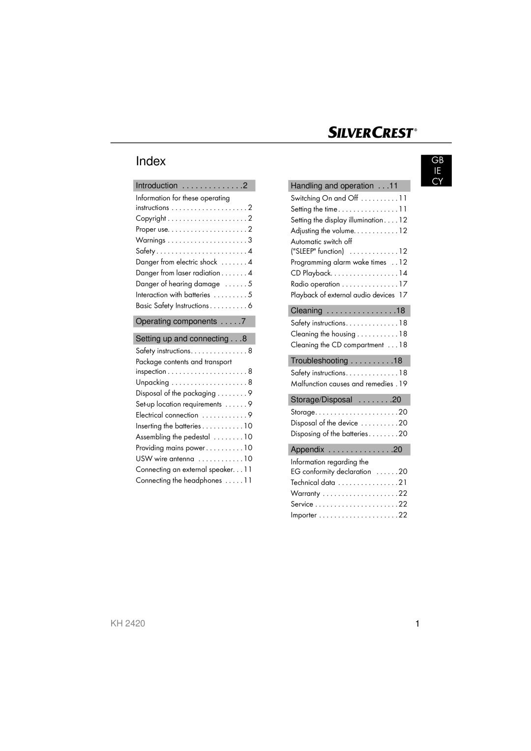 Silvercrest KH 2420 operating instructions Index, Introduction, Operating components, Appendix Information regarding 