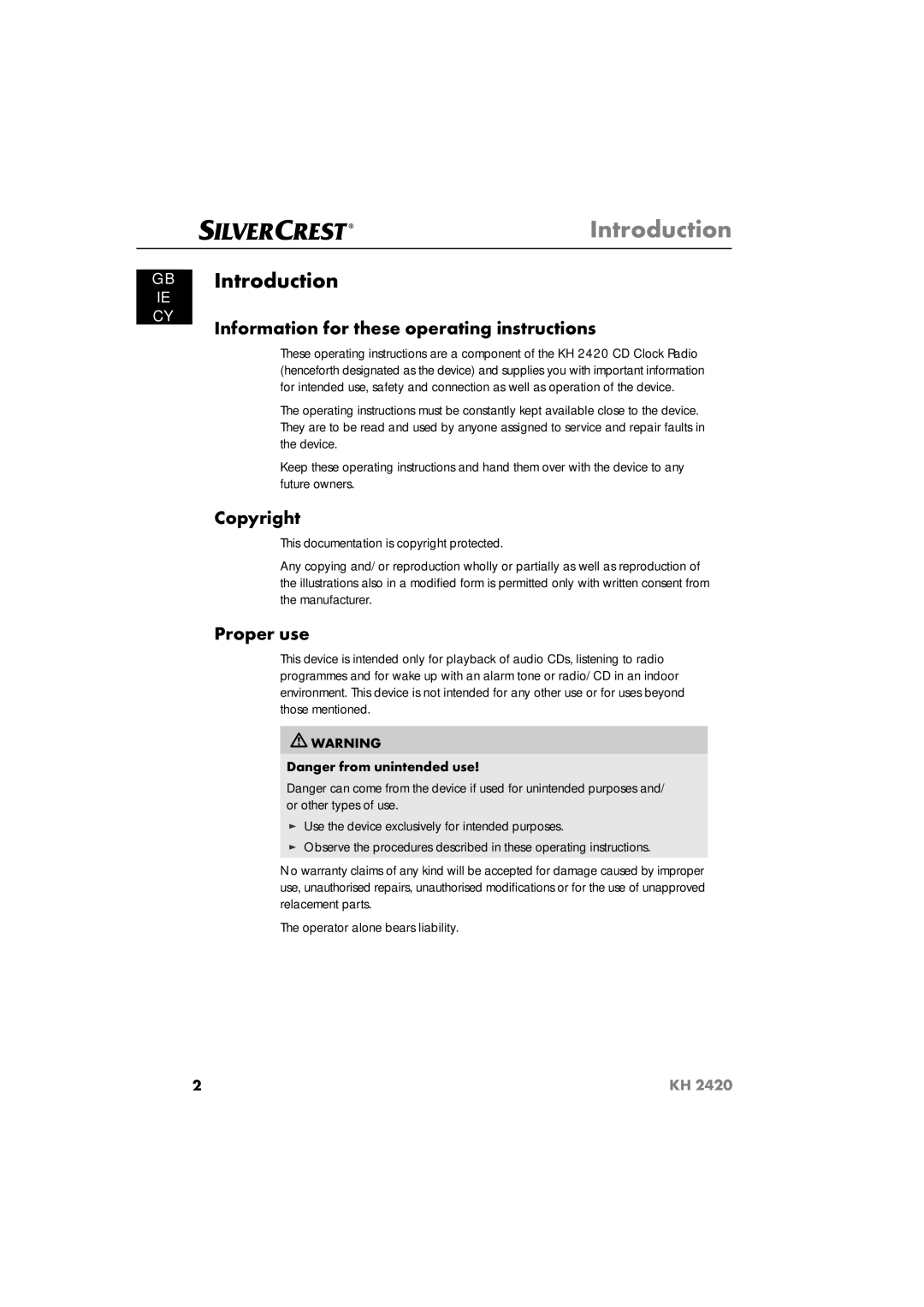 Silvercrest KH 2420 Introduction, Information for these operating instructions, Copyright, Proper use 